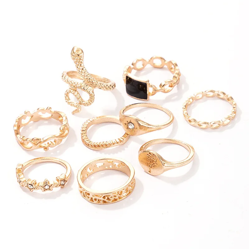 

New Snake-Shaped 9-Piece Geometric Heavy Metal Black Drip Joint Ring