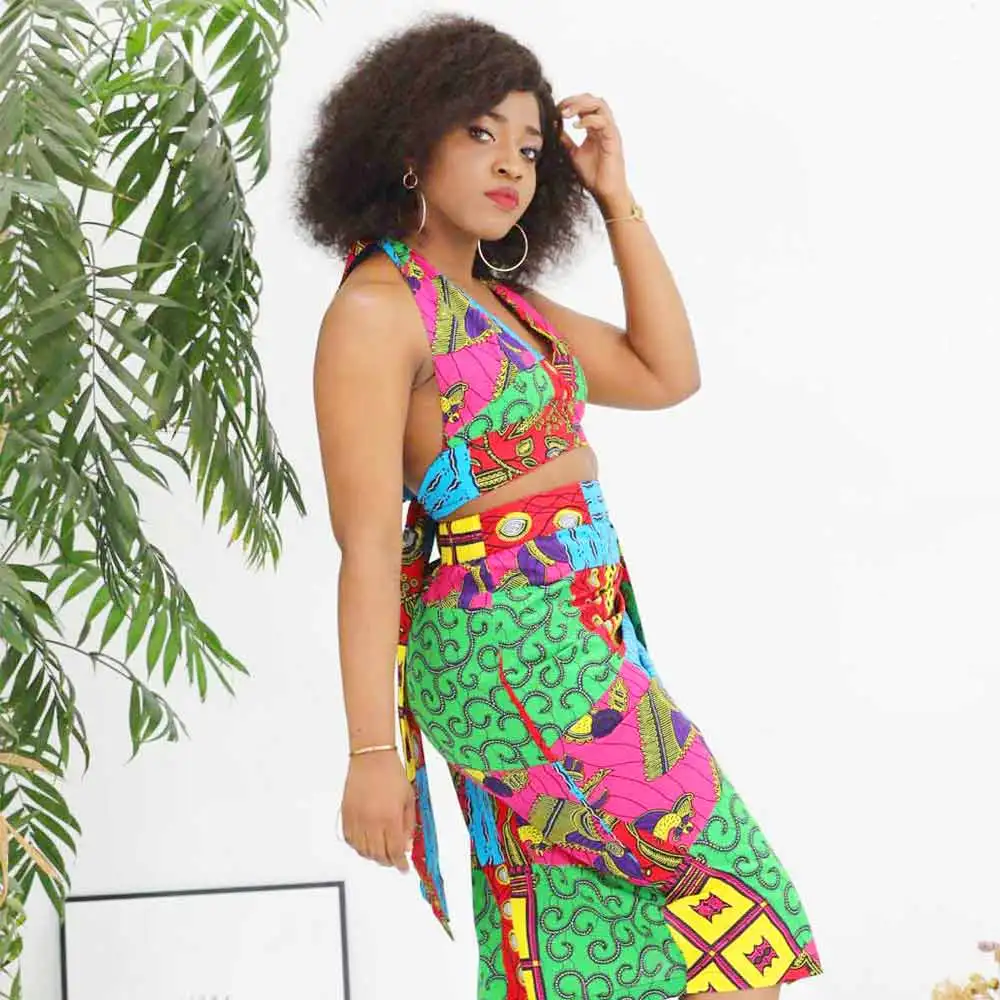 

2020 Casual Women African Printing Two Pieces Wax Fabric Long Pants Batik Style Sleeveless Tops Women Clothes
