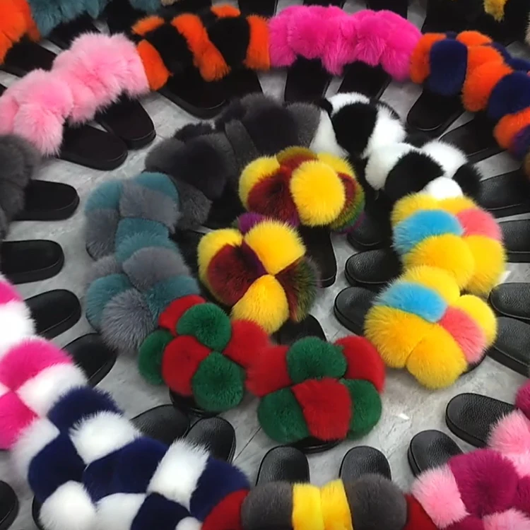 

New designer women girls fur slides fluffy pompom real fox fur slides, Customized color