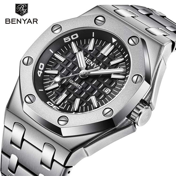 

Reloj Hombre BENYAR 5123 Men's Watches Luxury Waterproof Black Silver Quartz Business Watches Men Clock Stainless Steel Hot