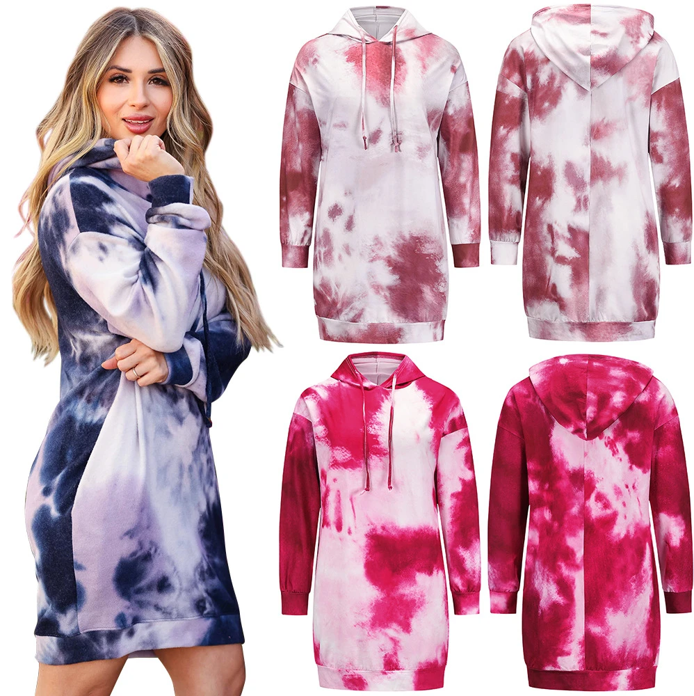 

Autumn Winter High Quality Women Print Jersey Pink Long Sleeve Hooded Tie Dye Print Jersey Hoodie Dress, As pic