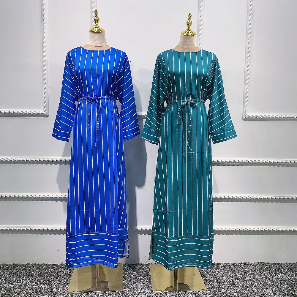 

Wholesale new stripe blue green color Muslim fashion Dubai Abaya Islamic clothing summer dress