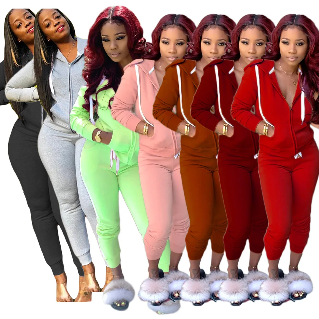 

Solid Color Zipper Fly Long Sleeve Hooded Women Sweatsuit Set Jogging Suit Open Waisted Sweatpants Casual Two-Piece Set