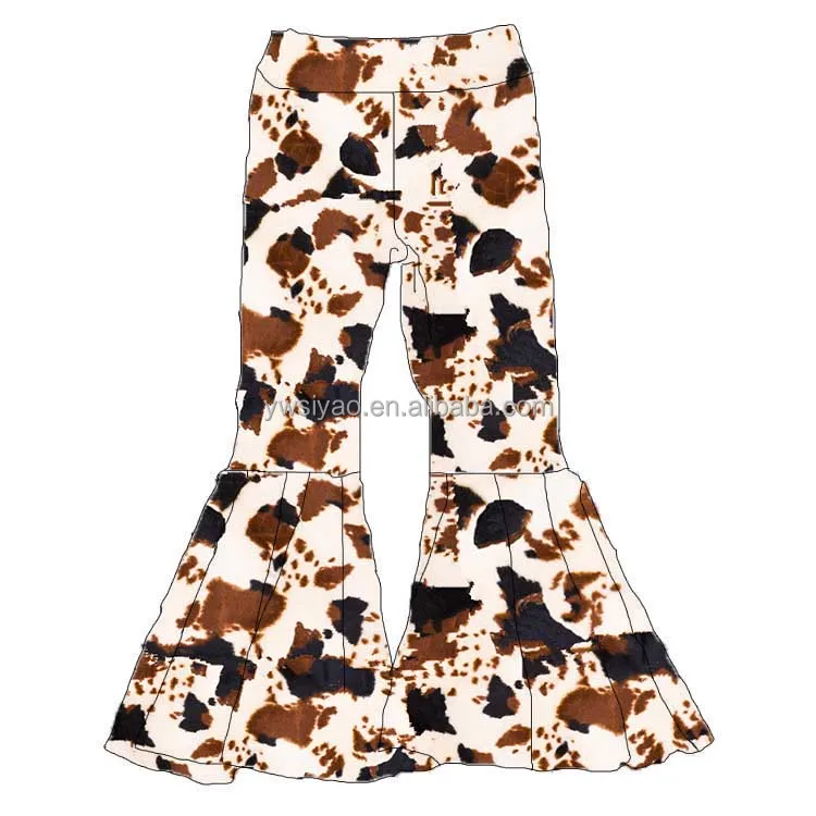 

Spring Summer New Western Cow Print Kids Design Long Pants Children Clothing Wholesale Toddler Girl Bell Bottoms Pants, As the picture