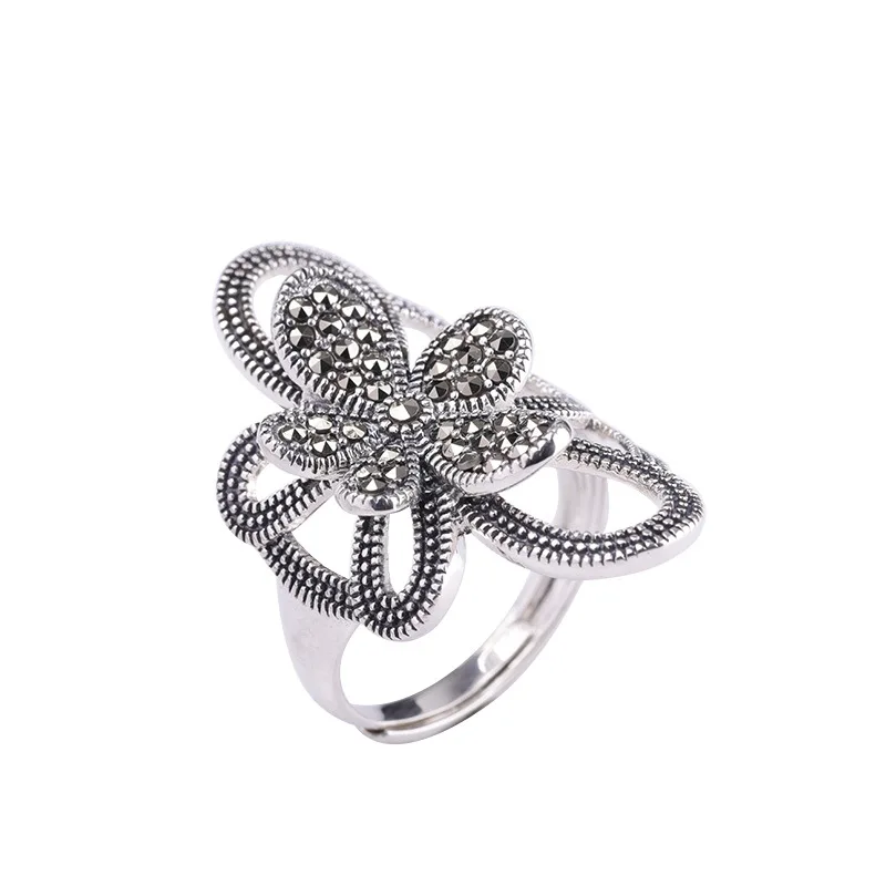 

Manufacturer Wholesale Thai Silver Light Luxury Jewelry 925 Silver Jewelry Open Women's Flower Ring Marcasite Stone Rings