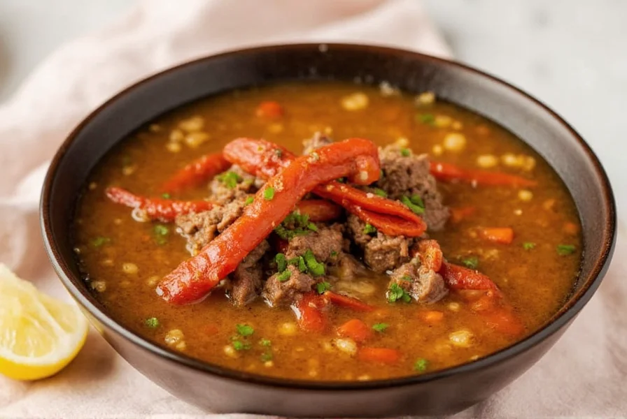 Spicy chili simmering in a pot over beef broth