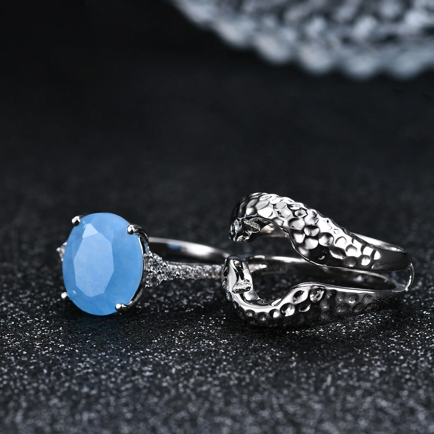 

Abiding Custom Fine Jewelry Rhodium Plated 925 Sterling Silver Blue Gemstone Combined Finger Rings Jewelry Women