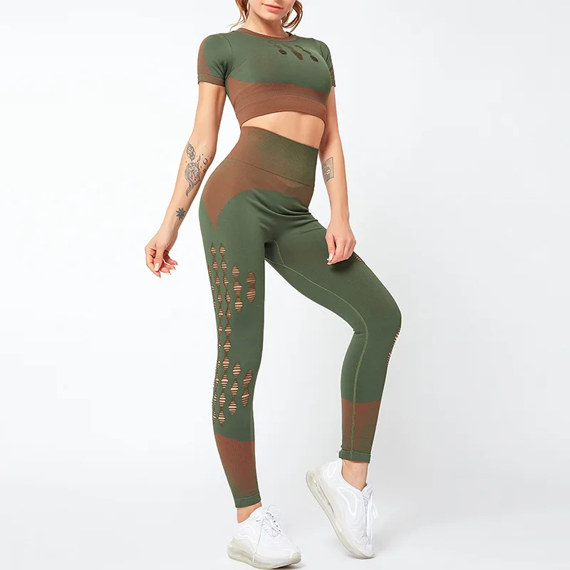 

New Arrival Short Sleeve Crop Top Workout Set Peach Hip Yoga Leggings Sets Seamless Gym Yoga Sets Wholesale, Customized colors