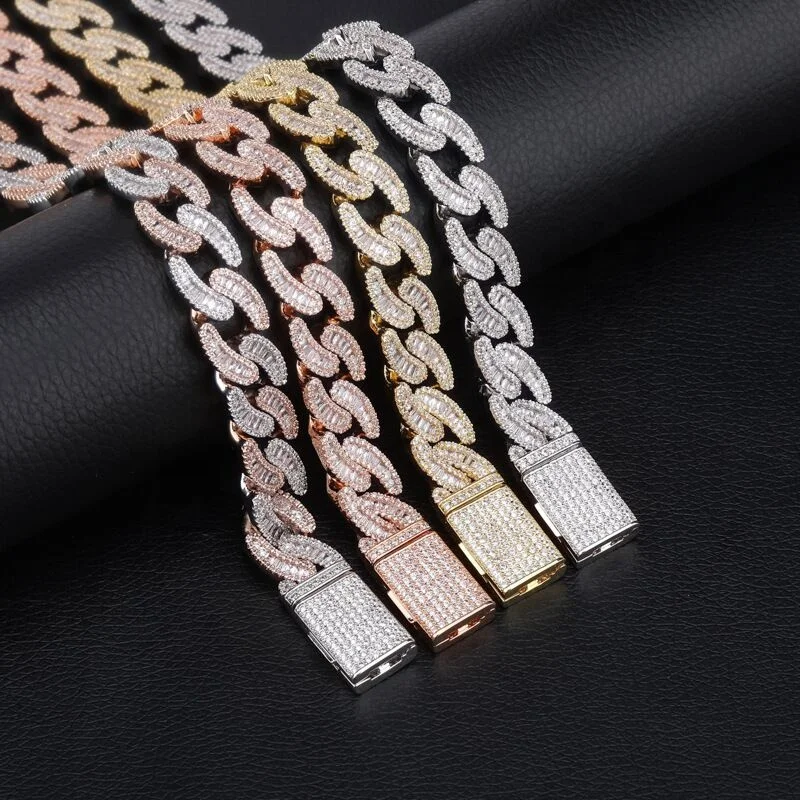 

14MM Width 18inch 22inch hip hop bling men boy jewely rectangle cuban chain diamond necklace, Rose gold