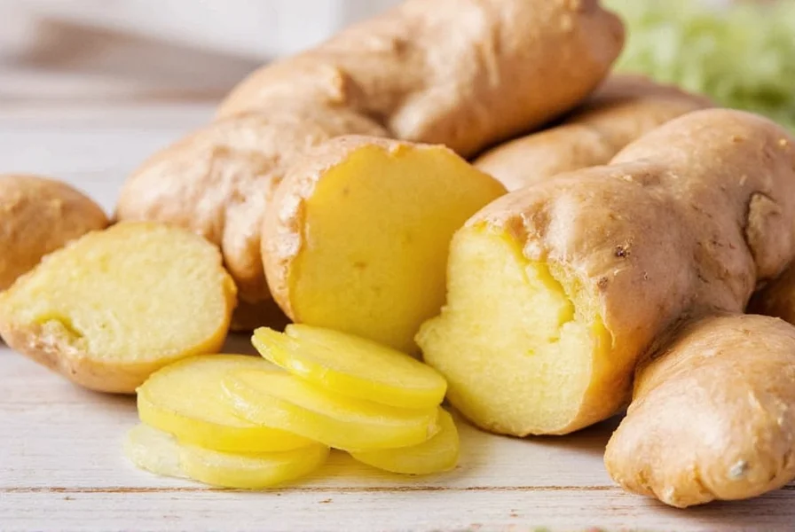 Close-up of fresh organic ginger root showing fibrous texture and golden interior