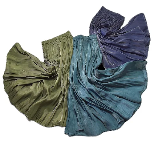 

S0013B Different Colors 2021 New Summer Ins Super Fire Pearlescent Glossy Silky Pleated Skirt Long Female High Waist Dress
