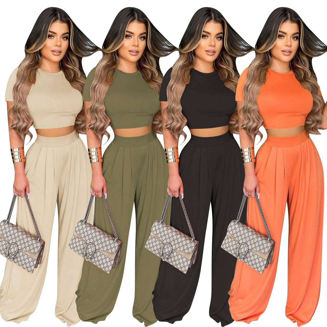 

2021 stylish Casual wide legged two piece pants set women short sleeve flare trousers 2 piece set