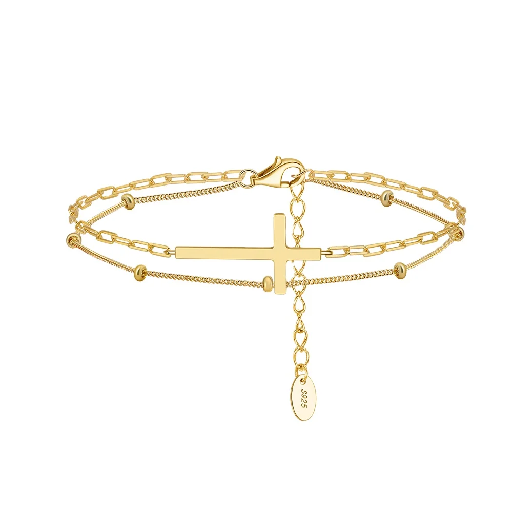 RINNTIN SB197 925 Sterling Silver Cross Double Layer Chain Bracelet Women Simple Pure Christian Religious Hand Jewelry