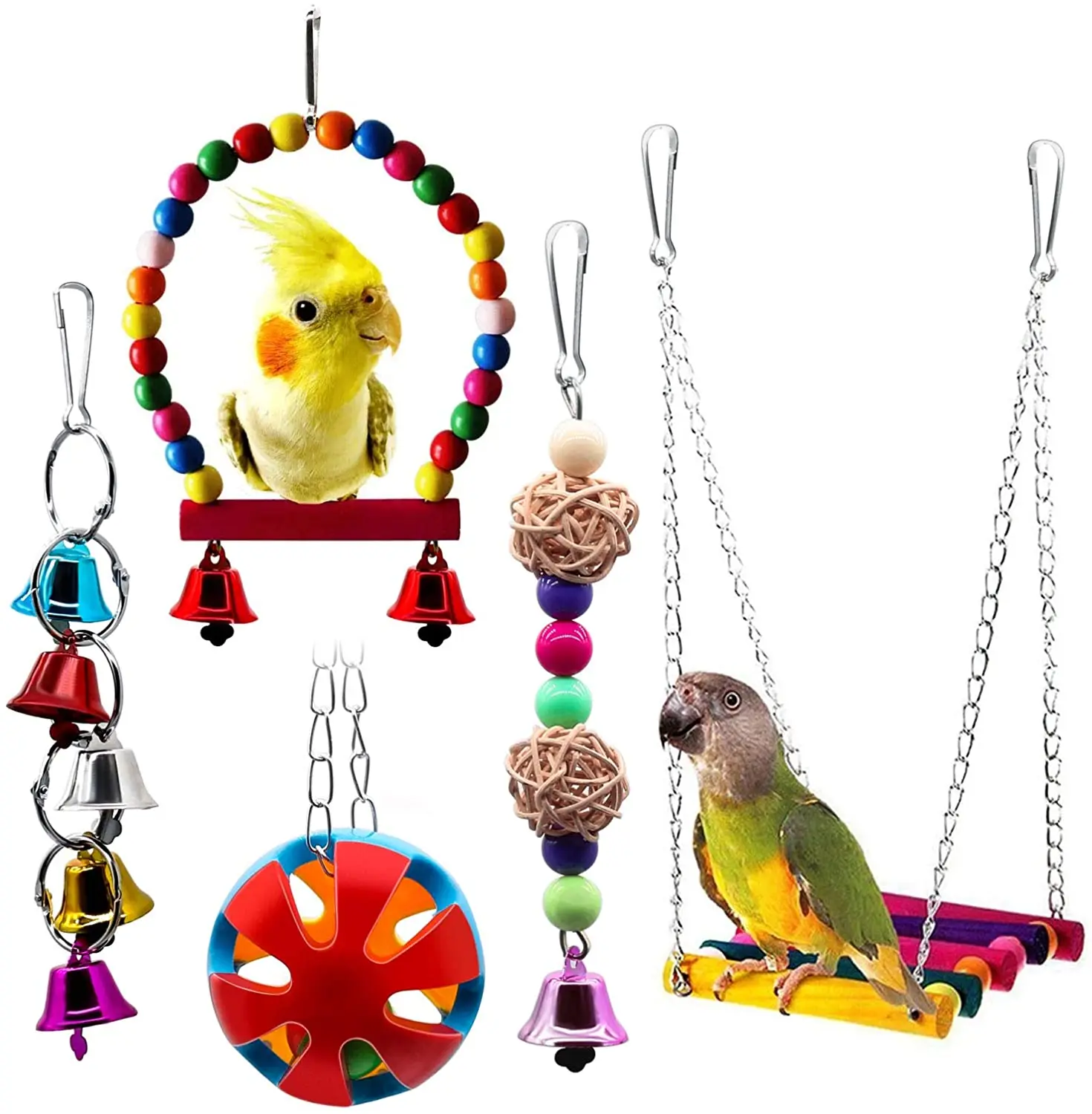 

Bird swing toy, parrot chew pendant with bell, pet bird cage toy for small parrots, lovebirds, cockatoos, macaws, finches, etc.