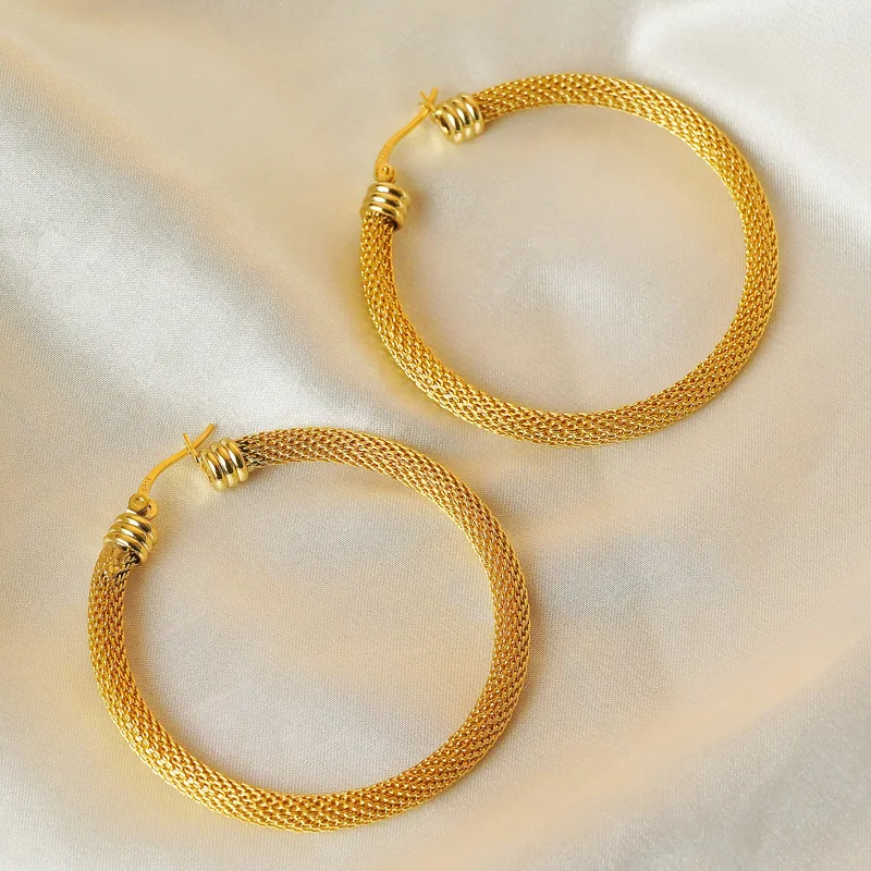 

MICCI Wholesale Custom Fashion Trendy Jewelry PVD 18K Gold Plated Stainless Steel Metal Mesh Chain Hoop Earrings