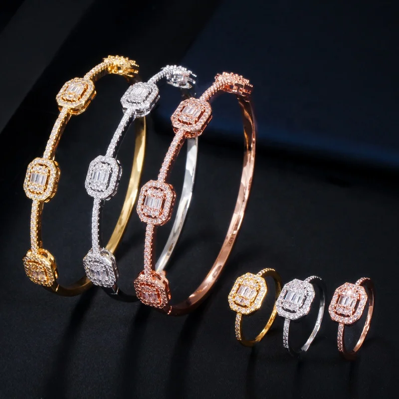 

Zircon Square Cubic Zircon Rose Gold Color Cuff Bangle bracelet Ring Set for Women Fashion Brand Jewelry, Picture shows
