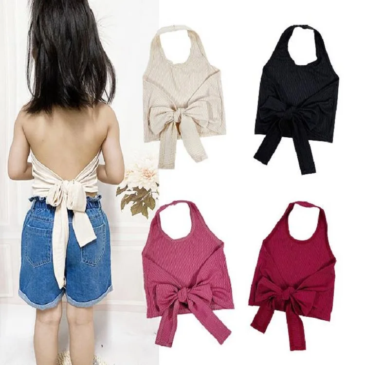 

2022 new arrival solid knitted fabric baby gir lace-up vest children backless bandage tops wholesale 0-6 years kids clothes, Black,dark pink,beige,burgundy