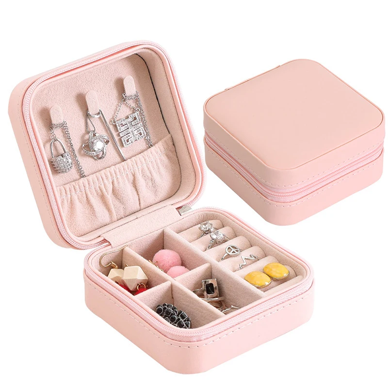 

T34 Hot Selling Women's Jewelry Organizer Display Travel Mini Jewelry Case Boxes Portable Box Zipper Leather Storage Organizer, 4 colors