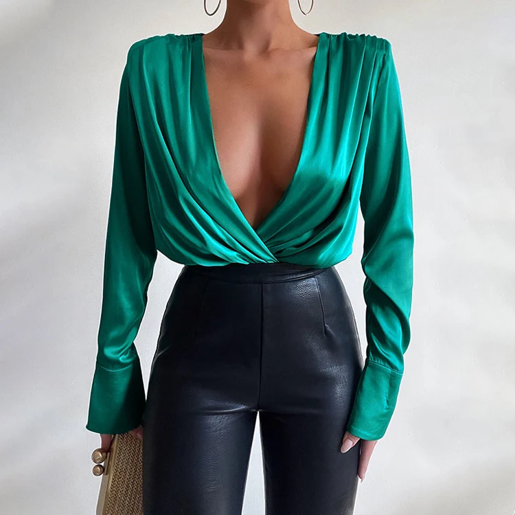 

Streetwear 2022 Fashion Green Patchwork V Neck Blouses Elegant Women Long Sleeve Bodysuits For Women, 3 colors