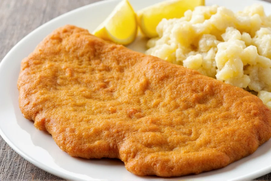 Traditional wiener schnitzel served with lemon wedges and potato salad on a white plate