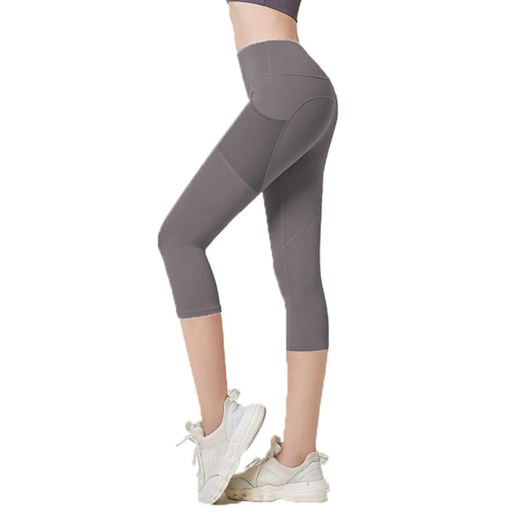 

2021 Sports Fitness Seven Minute Pants Mesh Pocket Breathable Yoga Pants High Waist Fashion Tights, Grey/black/blue/orange/purple/dark rad/pink