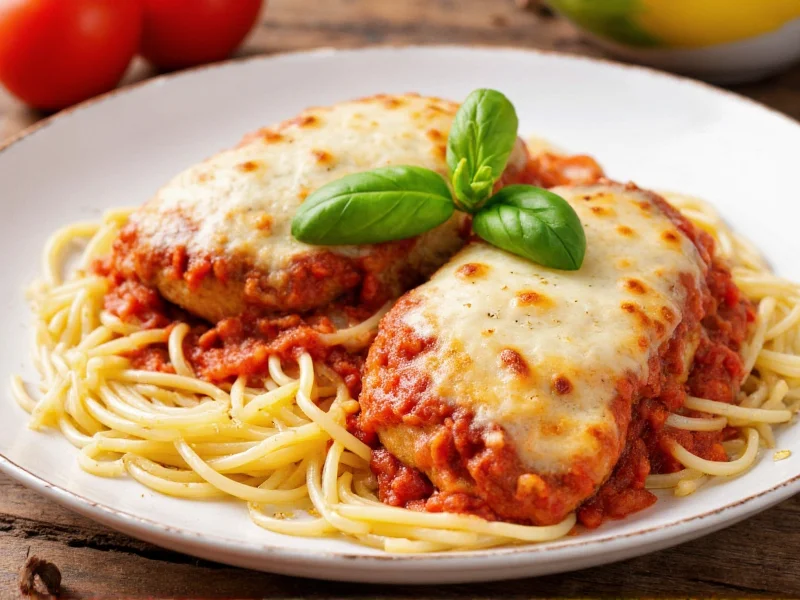 Homemade chicken parmigiana served with spaghetti and basil