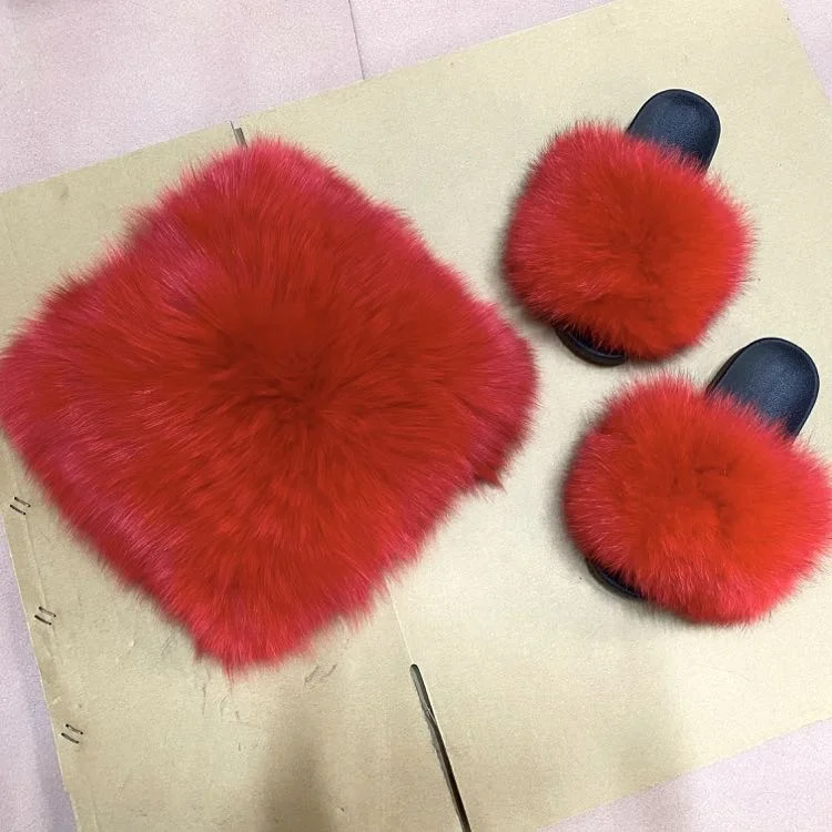 

2021 summer Fox Fluffy Fur Slide For Ladies Handbag jelly bag Fashion Colourful Sandals Set Slipper