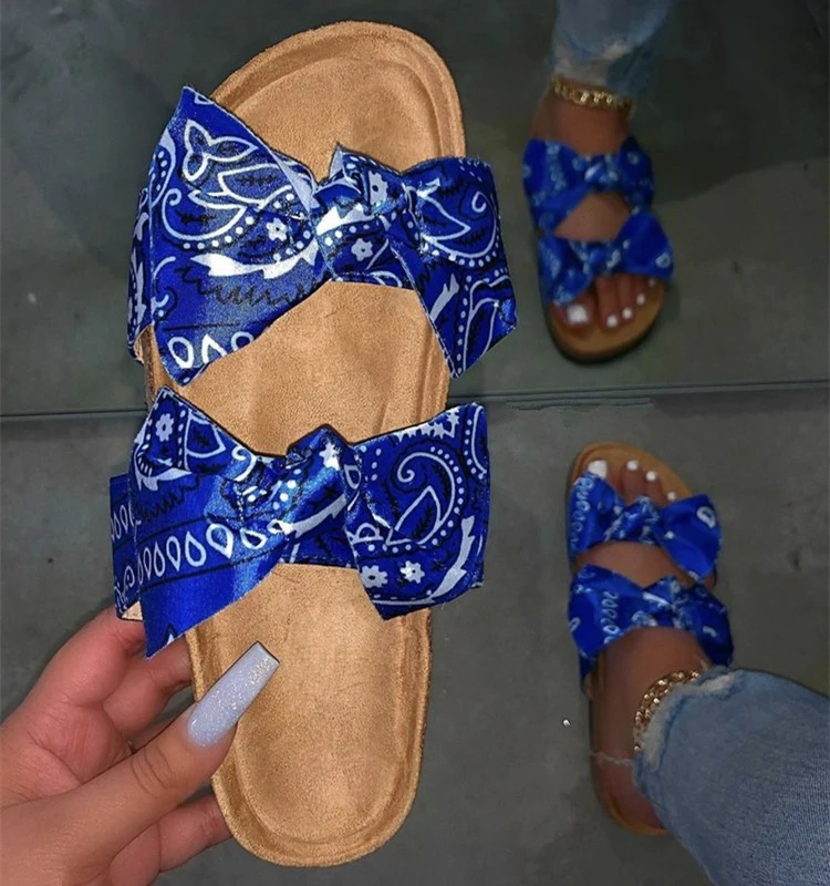 

Fashion 2021 Women Sandals Satin Butterfly Knotted Flat Slides Ladies Beach Shoe Slippers, As pictures or customized color