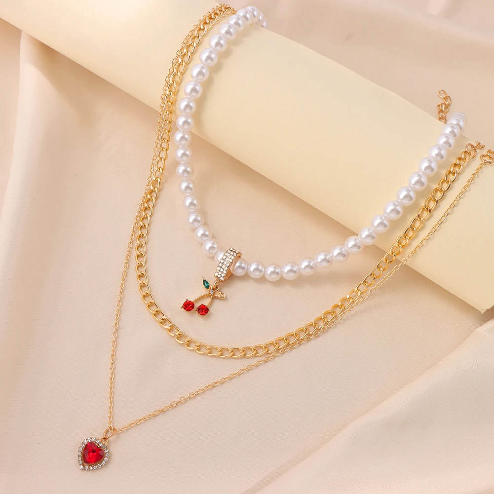 

3pcs/set Imitation Pearl Chain Necklace For Women Jewelry Red Crystal Cherry Love Heart Charm Necklace, Gold plated