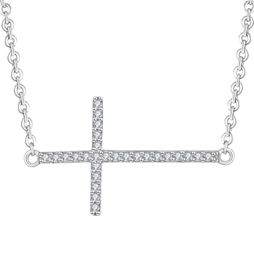 

Men's Religious Faith 925 Jesus Cubic Zirconia Stone Jewelry Chain 925 Sterling Silver Sideway Cross Necklace With Diamonds