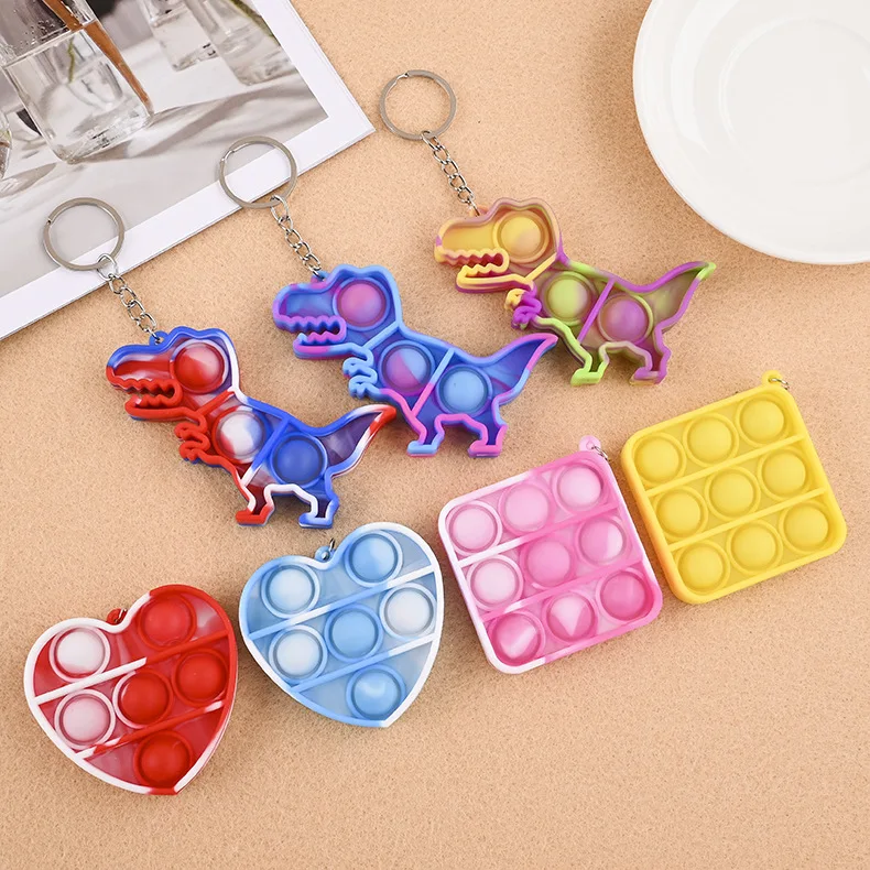 

2021 Tie Dye Pop bag chain Simple Bubble Fidget Toy Dinosaur Rainbow Mini Silicone Squeeze It Keychain