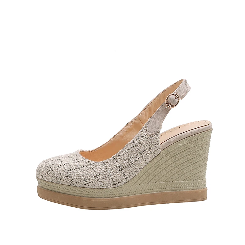 

Summer Cotton Fabric Buckle Strap Lady Slingback Wedges Sandals, Ecru,black