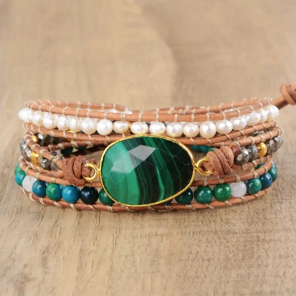 

2021 New Hot Sell Pure Handmade Ethnic Style Malachite Stone And Pearl Braided Wrap Bracelets