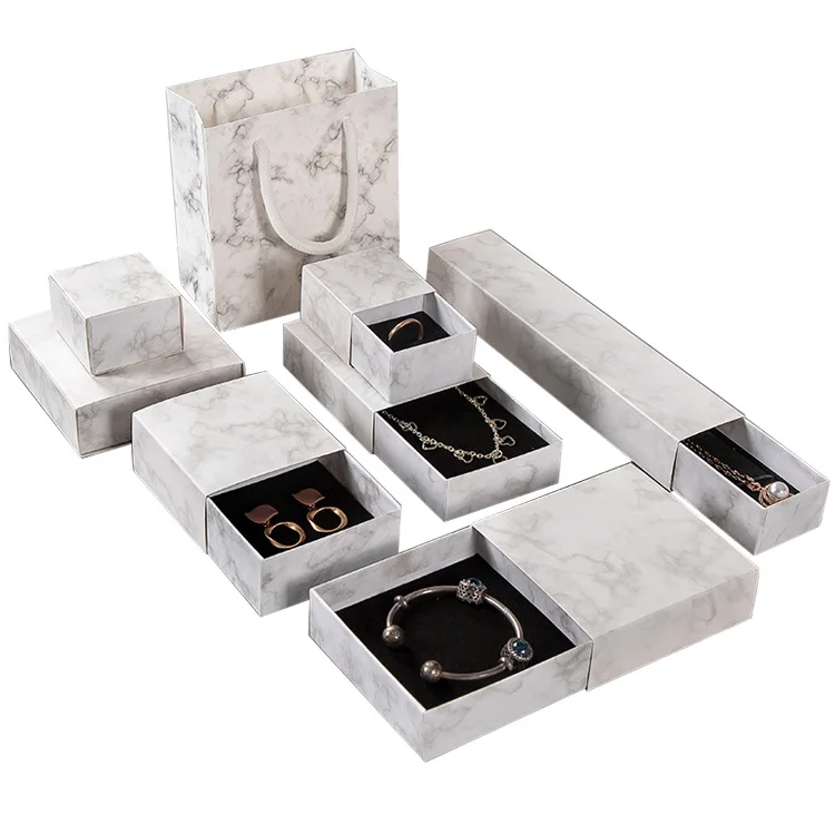 

square marble cardboard jewelry boxes package wedding ring necklace sliding jewelry box with drawer, Cmyk / customization