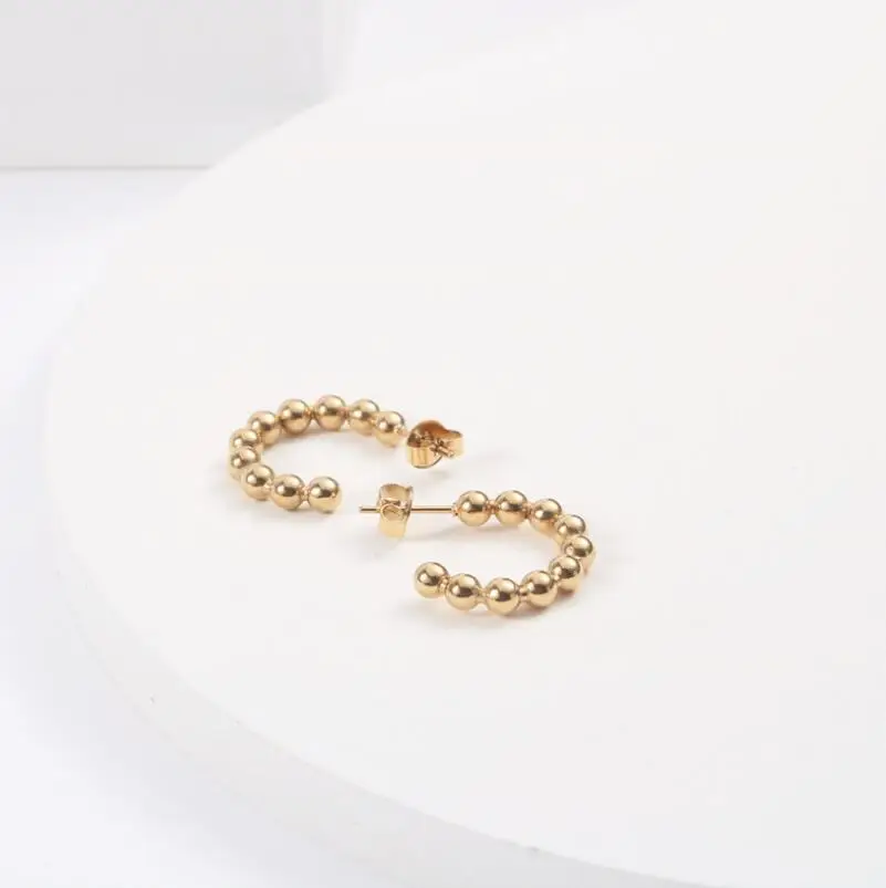 

Women Tends Hypoallergenic Earrings Stainless Steel Tiny Balls Beads Gold Plated Beaded Hoop Earrings
