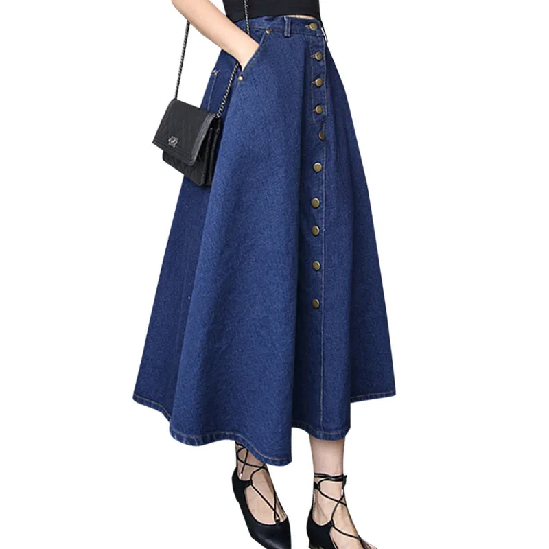 

Fashion Korean Preppy Style Denim Women Solid Color Long Skirt High Waist Female Big Hem Casual Zipper Button Jean Skirt