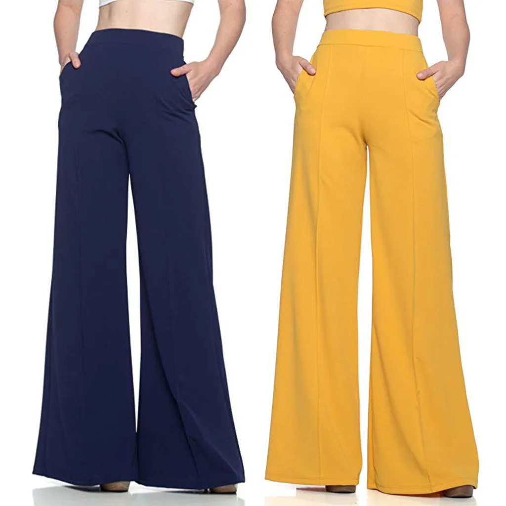 Women's High Waist Stretch Casual Pants Palazzo Flared Wide Leg Trousers New