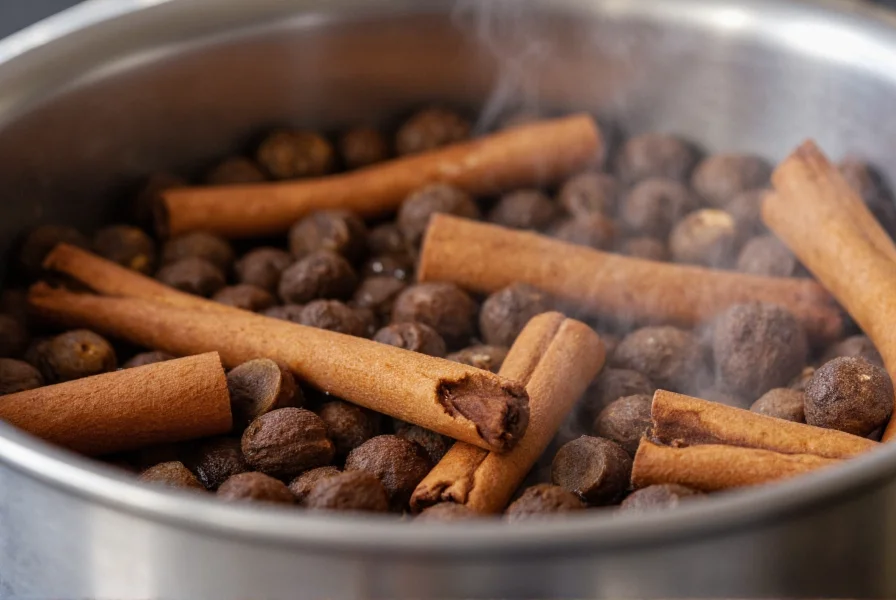 Close-up of simmering cinnamon sticks and whole cloves in a stainless steel pot with steam rising