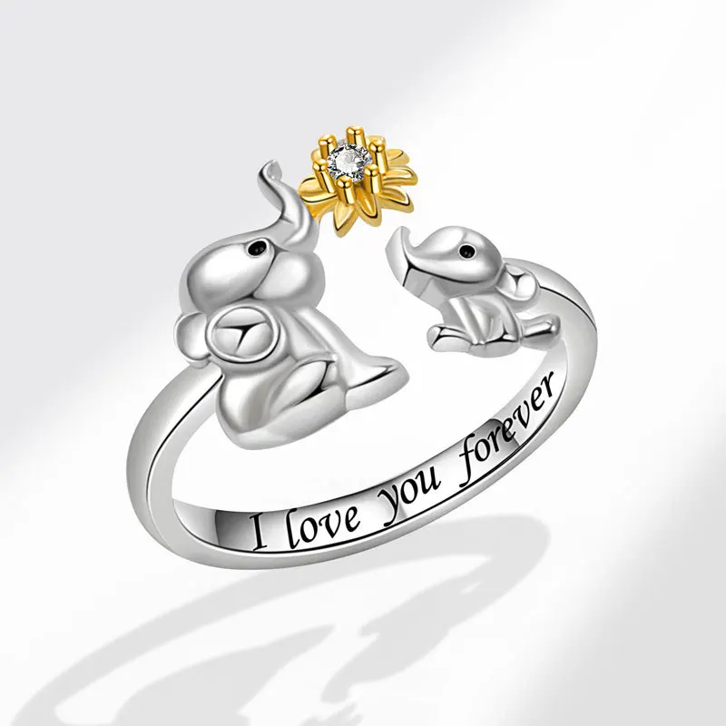 

Small Daisy Diamond Ring Open Adjustable Fashion I Love You Forever Jewelry Auspicious Mother And Child Elephant Ring