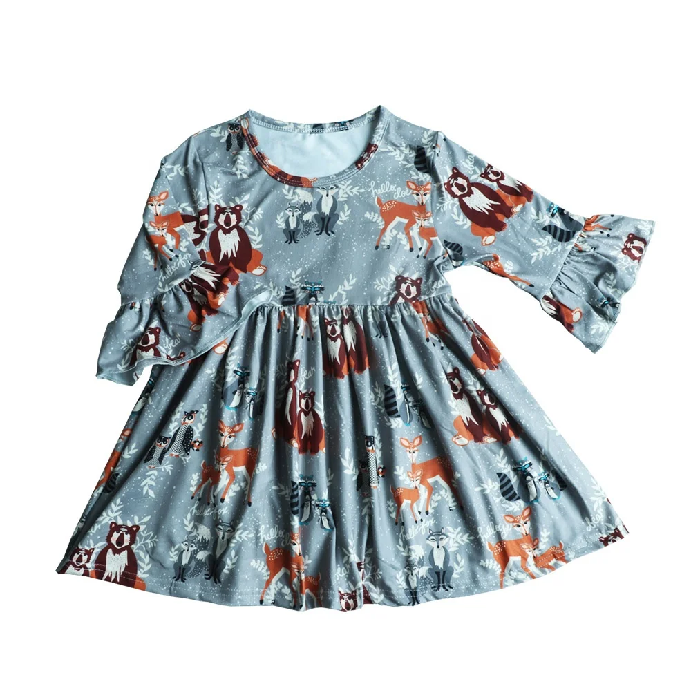 

Wholesale Baby Girls Dress Cartoon Prints Milk Silk Tunic Tops Little Girl Bell Sleeve Fall Shirts Dress, Picture