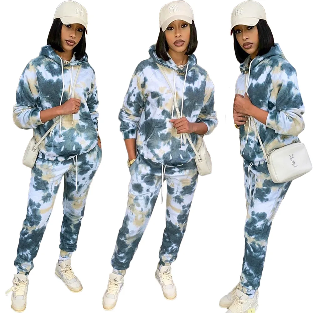 

10717-MX27 tie dye hoody printed pants two piece set women sehe fashion