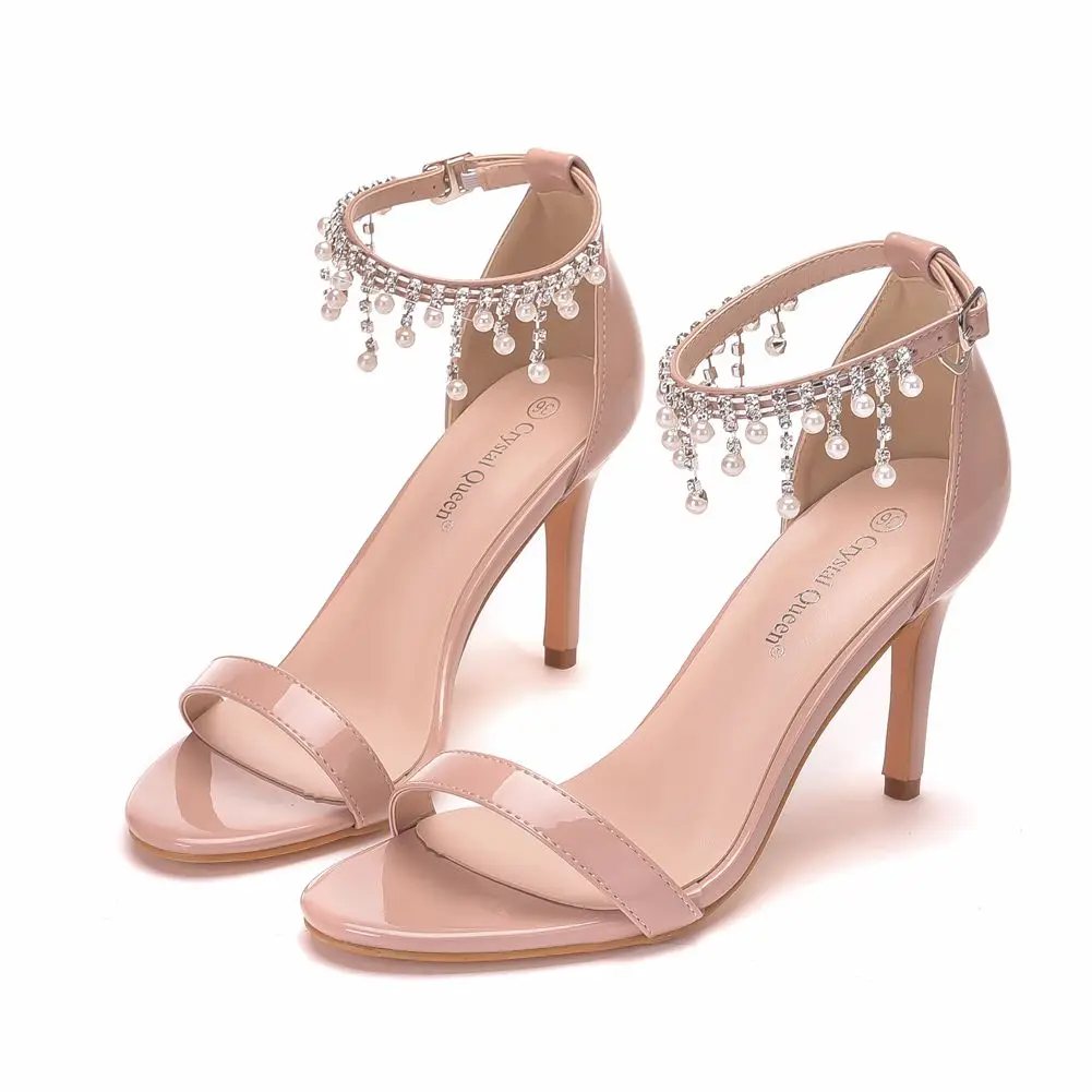 

8cm Nude Thin Heel Open Toe Tassel Beaded Chain Sandals Women Bridal Wedding Shoes Bride Sandals White Sandals