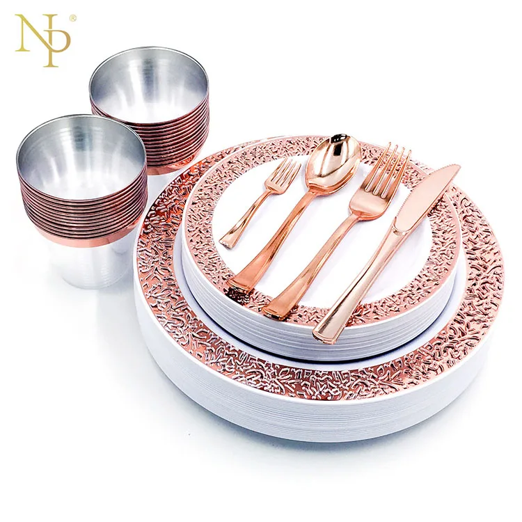 

Nicro Wholesale Wedding 150Pcs Rose Gold Elegant Disposable Dinnerware Tableware Set Plastic