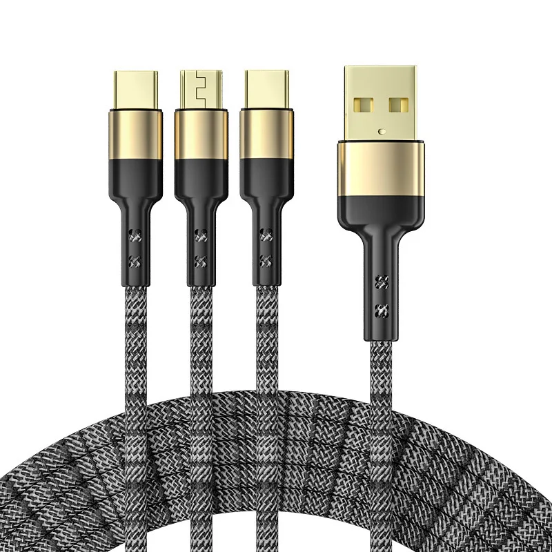 

3 in 1 usb to type-c micro-usb 1.2m charger cable 66W fast charging braided gold-plated data cable, Blue/black/red