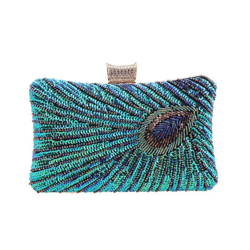 

2021 Vintage Sequin Peacock Blue Clutch Purse Beaded Sparking Eye Purse For Women (LFHB2124)