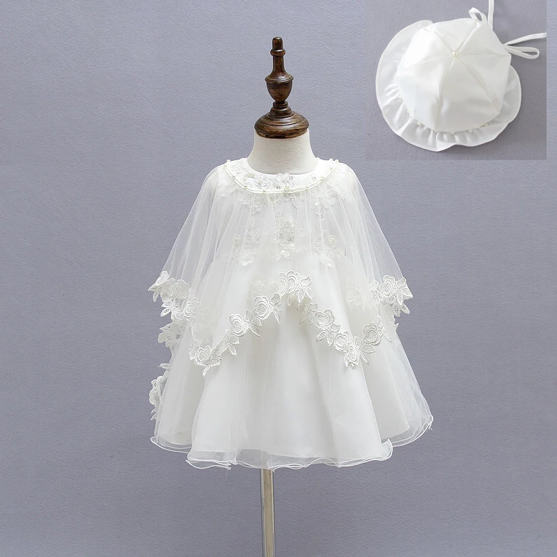 

DMFGD Baby Christening Dress Puffy Flower Bow Girl Dress Party Birthday Wedding Princess Girls Baby Baptism Dresses+Hat+Cape