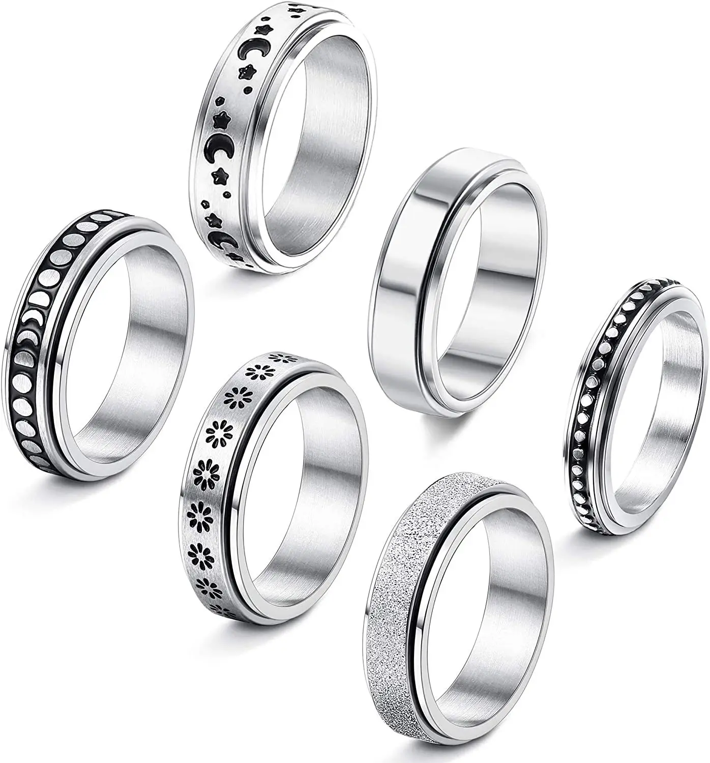 

Wholesale Stainless Steel Star and Moon Anti Anxiety Fidget Spinner Rings for Women and Men Jewelry
