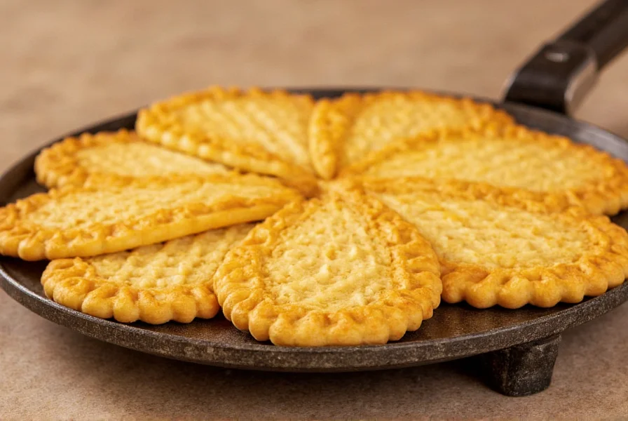 Close-up of golden anise pizzelle cookies being made in a traditional pizzelle iron