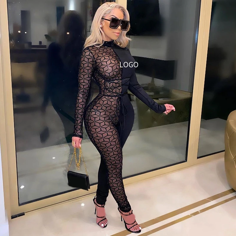 

Jumpsuits Bodysuits Patchwork Lace UP Turtleneck Plaid women bodysuit jumpsuit bodysuits women one piece jumpsuits