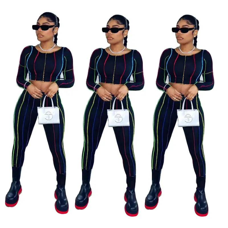 

21025-MX35 sport colorful line styles two piece set women clothing sehe fashion